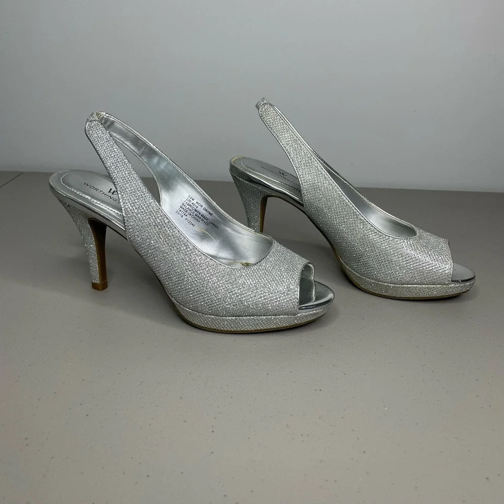 Worthington Pump Heels Slingback‎ Ankle Strap Open Toe Studded Silver Size 6.5